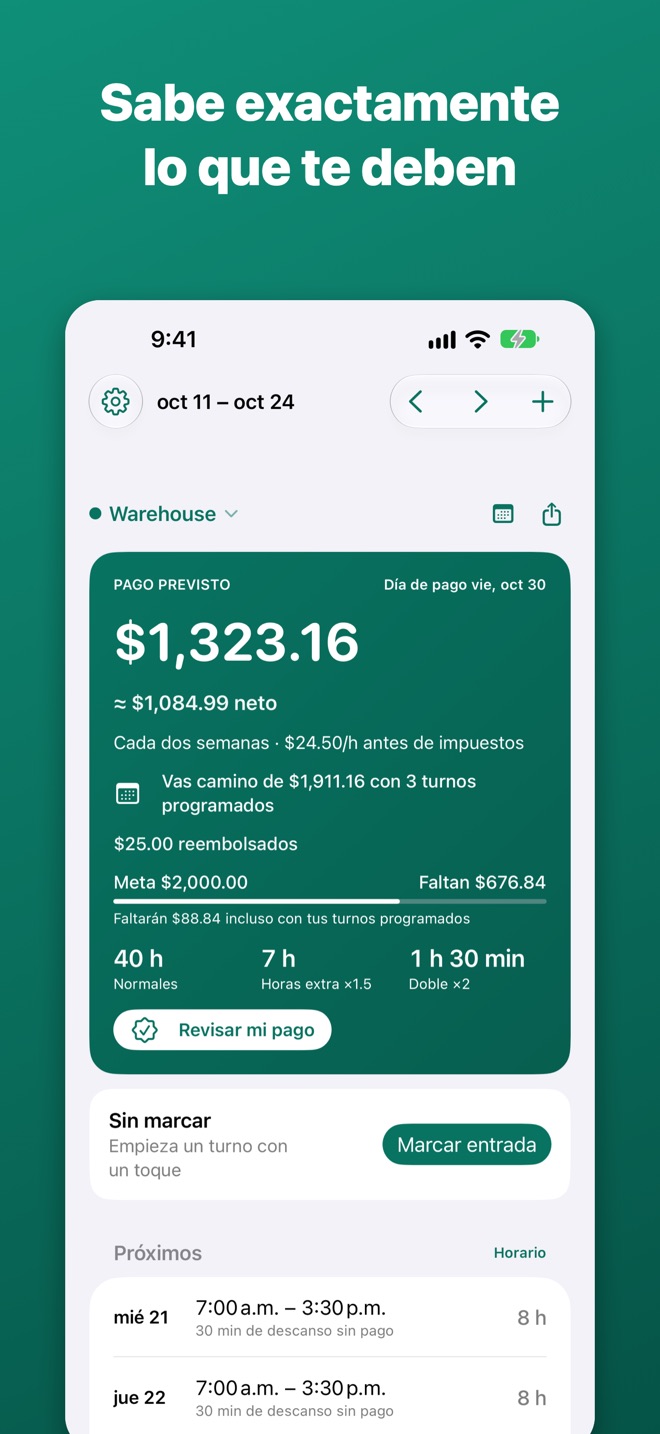Wagebee con el pago previsto de un período de dos semanas, con horas normales, horas extra y tiempo doble