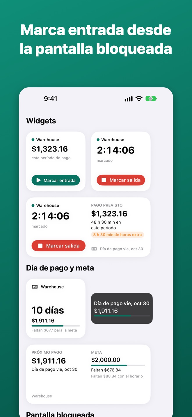 Widgets y Actividad en vivo con un botón Marcar entrada