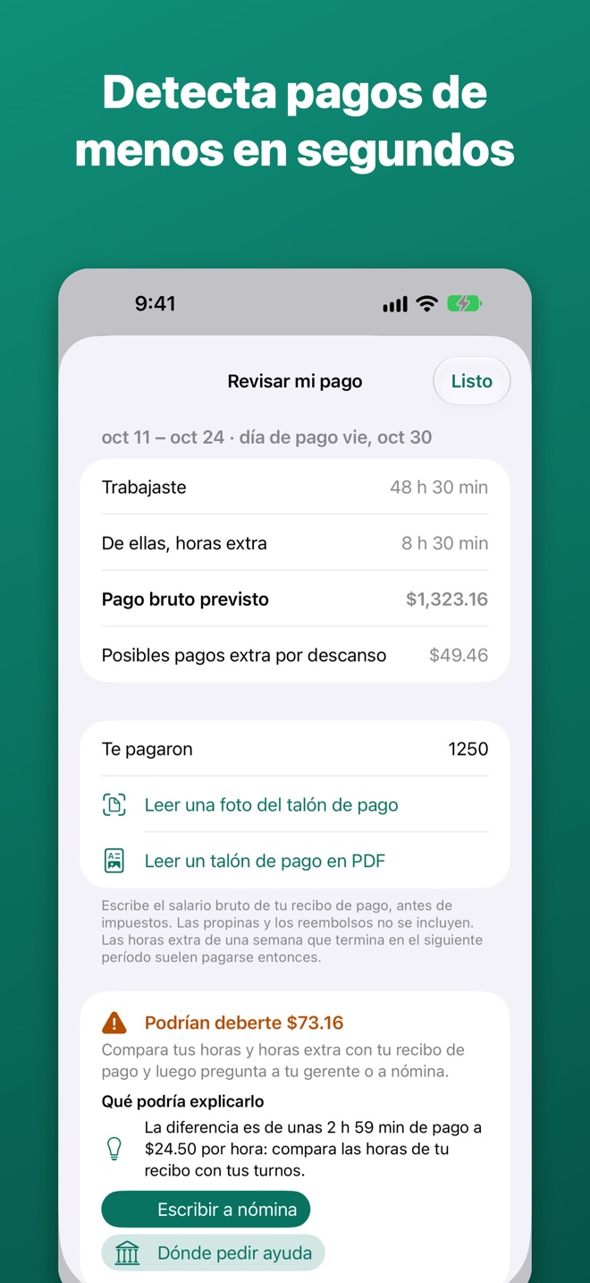 Revisión del pago: quizá te deben $73.16