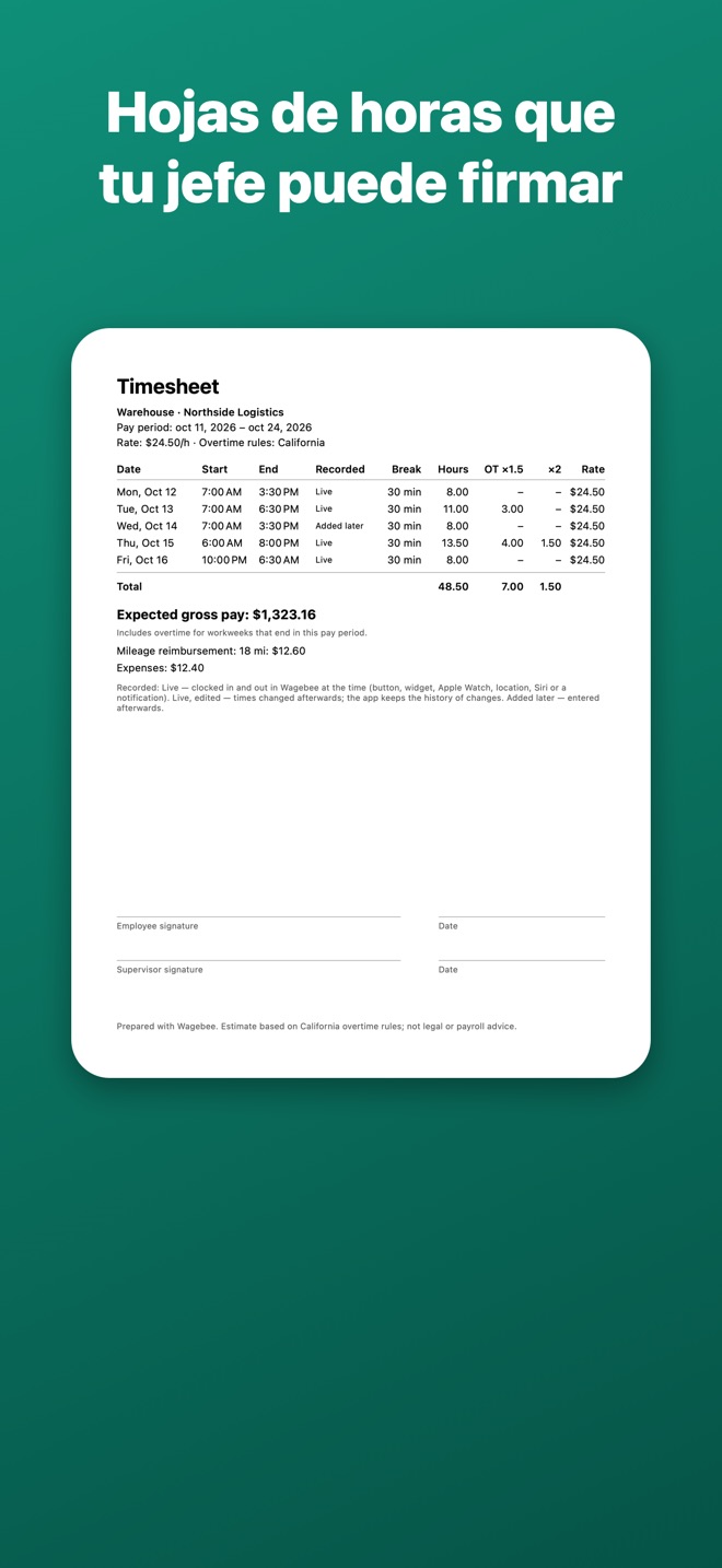 Hoja de horas en PDF con líneas de firma