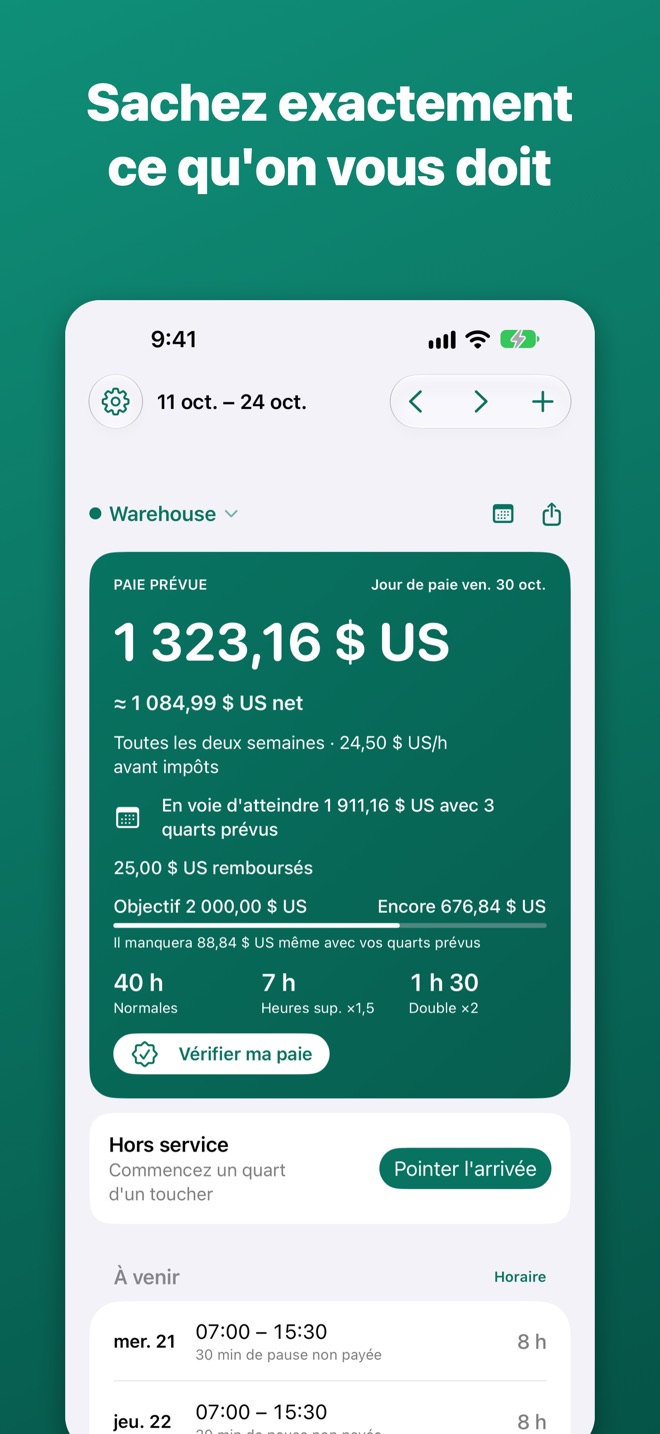 Wagebee affichant la paie prévue d'une période de deux semaines, avec heures normales, heures sup. et temps double