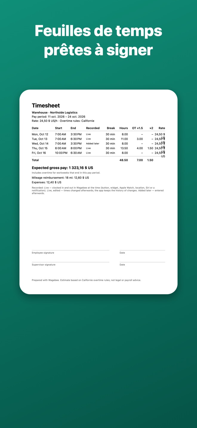 Feuille de temps PDF avec lignes de signature