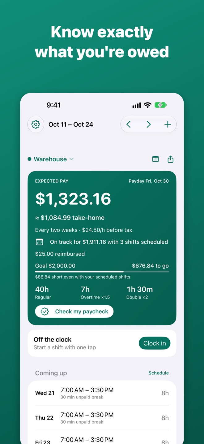 Wagebee showing the expected pay for a two-week pay period, with regular, overtime and double-time hours