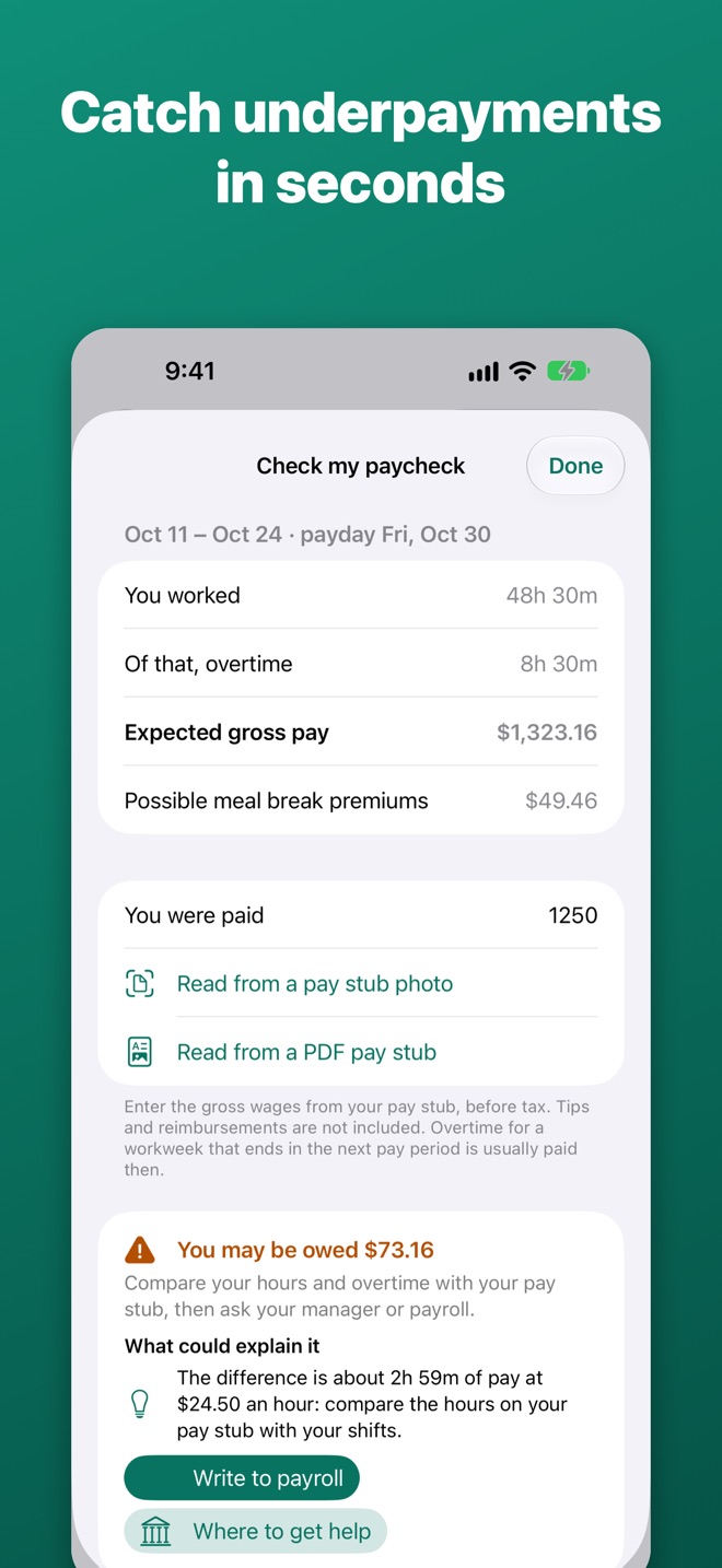 Paycheck check showing you may be owed $73.16