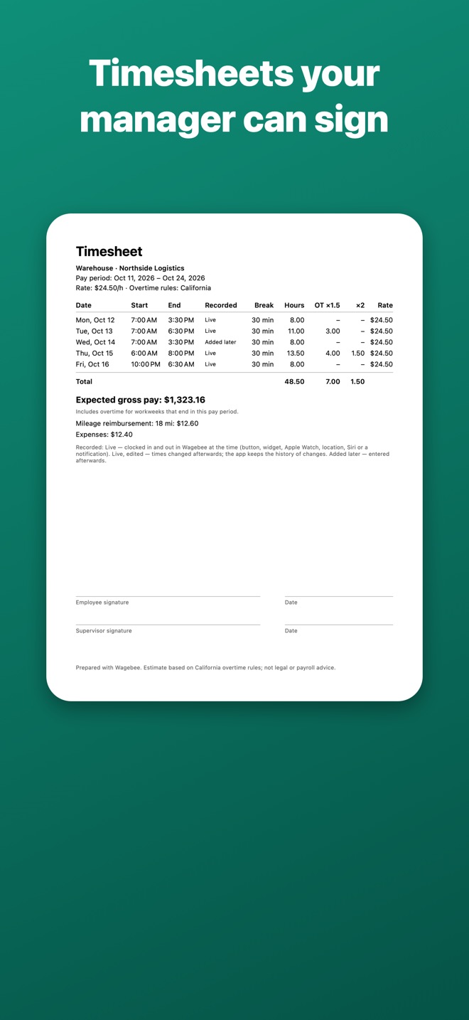 Timesheet PDF with signature lines